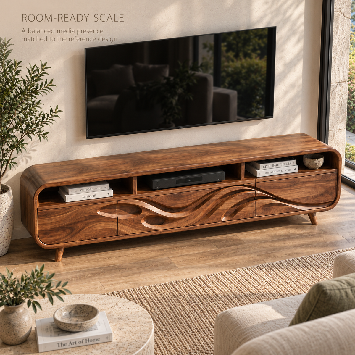 Ansel Sculptural Solid Wood TV Stand - Design 120 - product detail and styling view 3