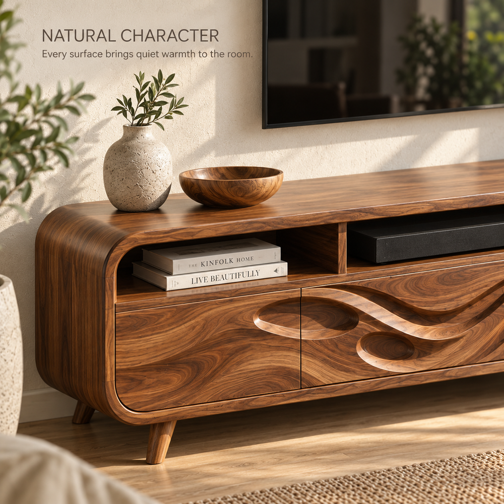 Ansel Sculptural Solid Wood TV Stand - Design 120 - product detail and styling view 4