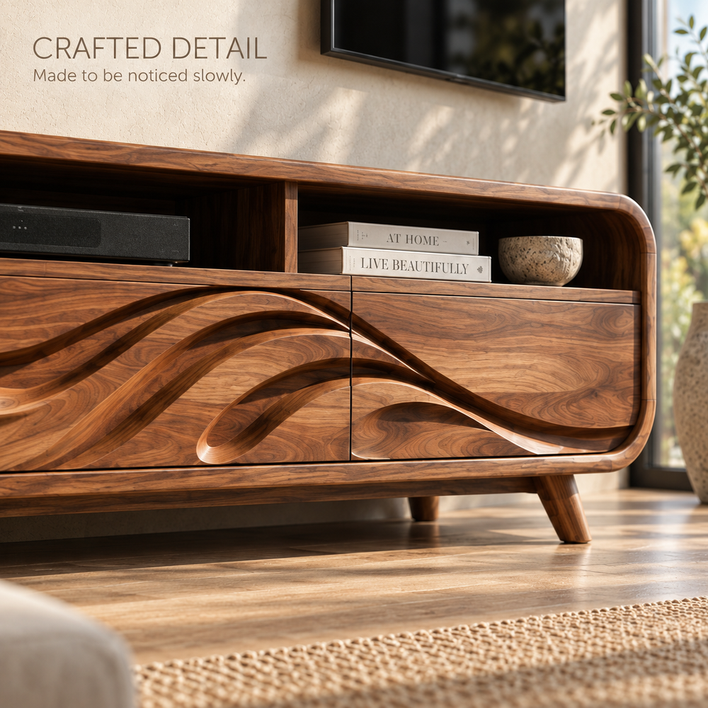 Ansel Sculptural Solid Wood TV Stand - Design 120 - product detail and styling view 5