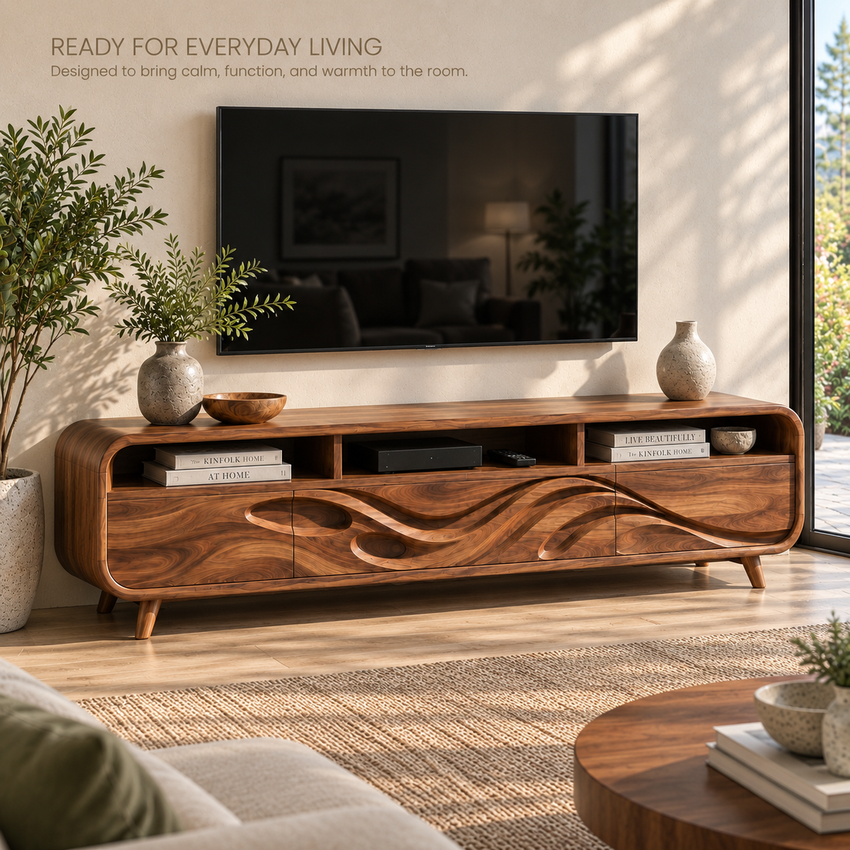 Ansel Sculptural Solid Wood TV Stand - Design 120 - product detail and styling view 6