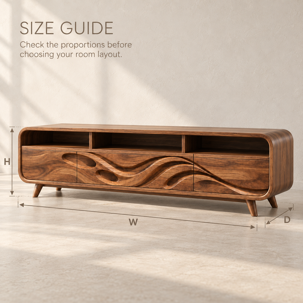 Ansel Sculptural Solid Wood TV Stand - Design 120 - product detail and styling view 7
