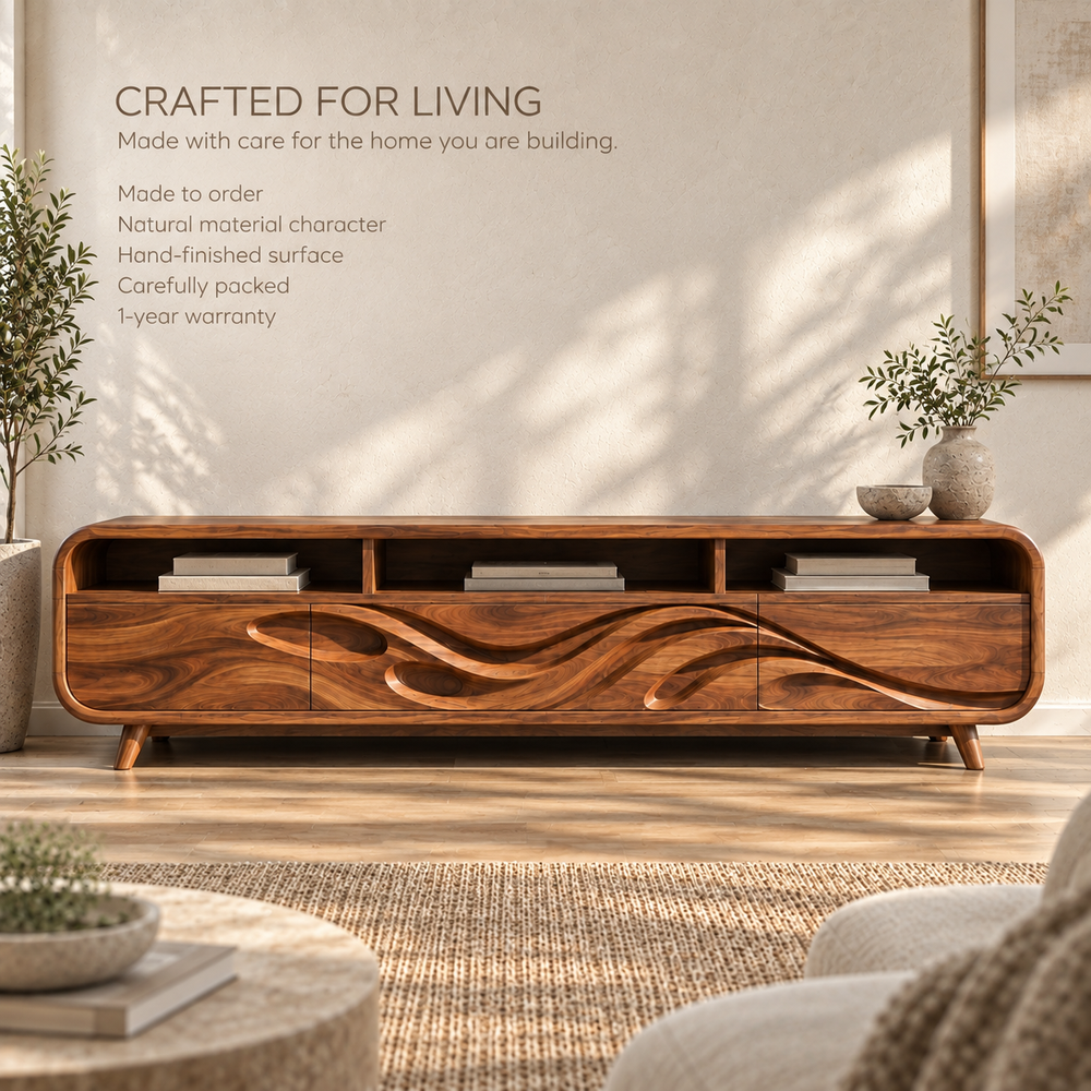 Ansel Sculptural Solid Wood TV Stand - Design 120 - product detail and styling view 8