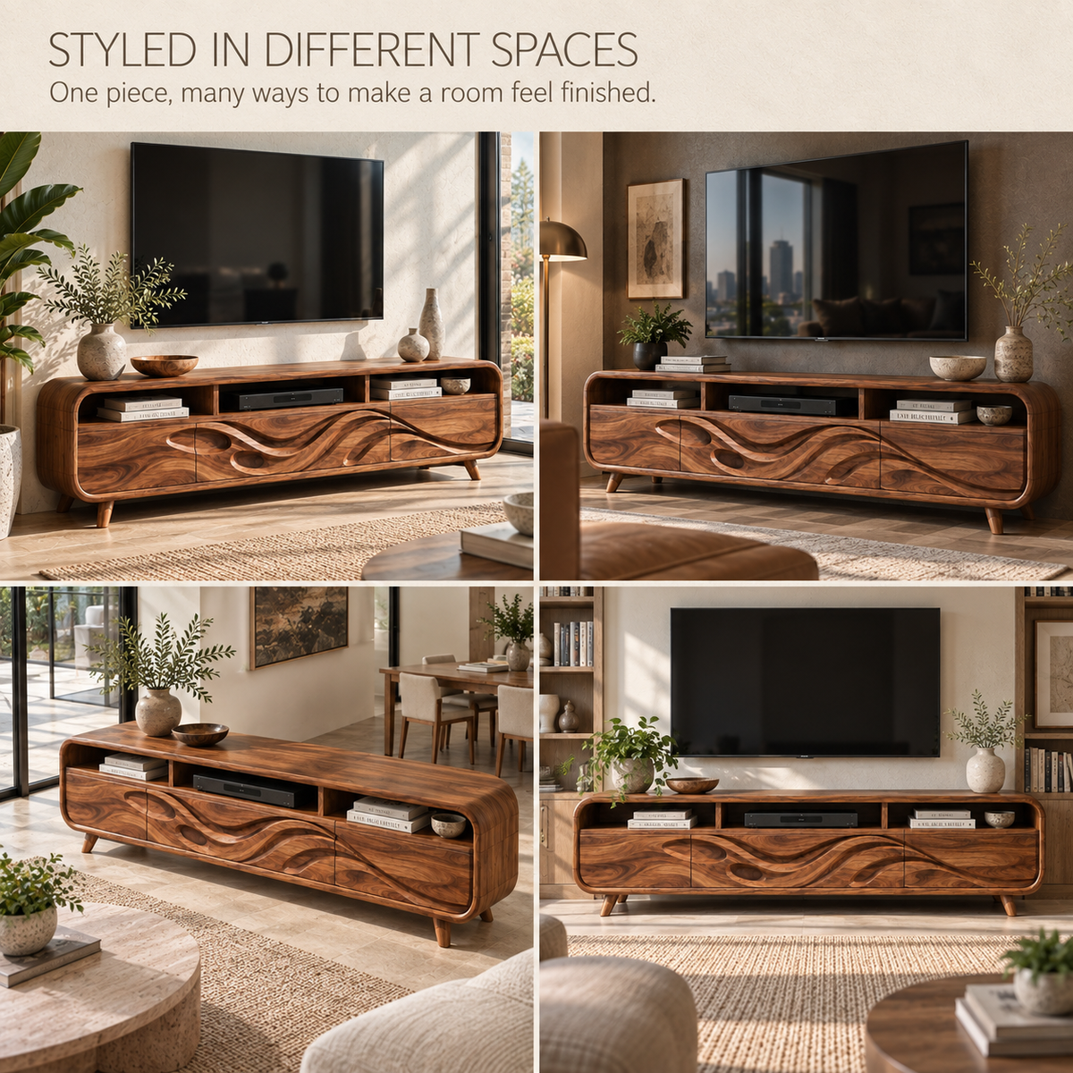 Ansel Sculptural Solid Wood TV Stand - Design 120 - product detail and styling view 9