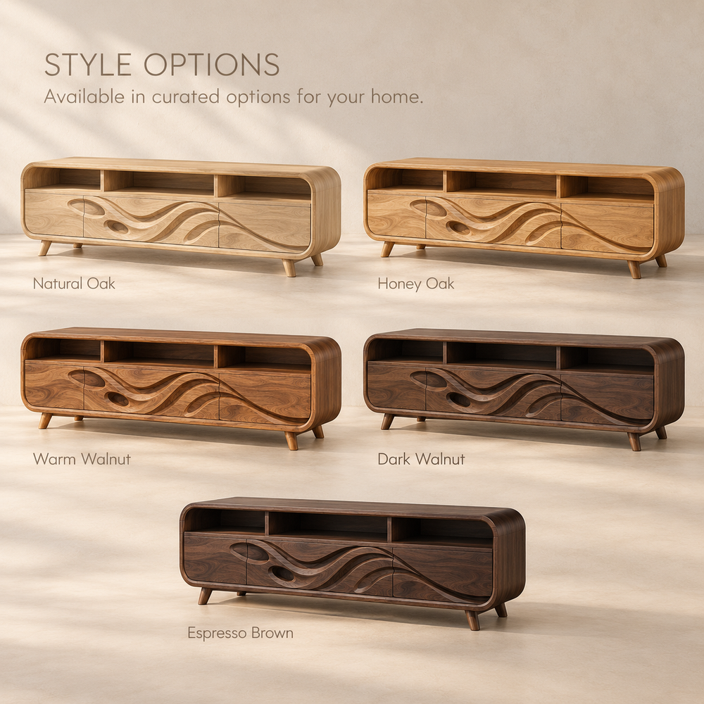 Ansel Sculptural Solid Wood TV Stand - Design 120 - product detail and styling view 10