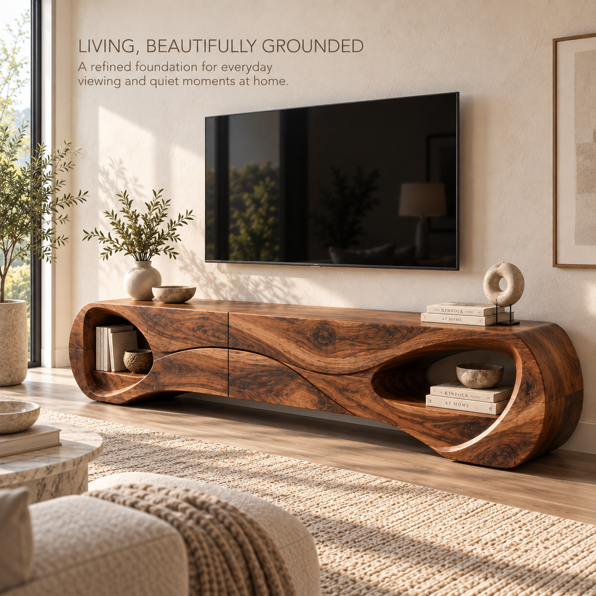 Marlowe Sculptural Solid Wood TV Stand - Design 121 - main lifestyle view