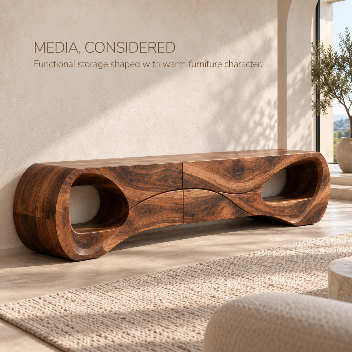 Marlowe Sculptural Solid Wood TV Stand - Design 121 - product detail and styling view 2