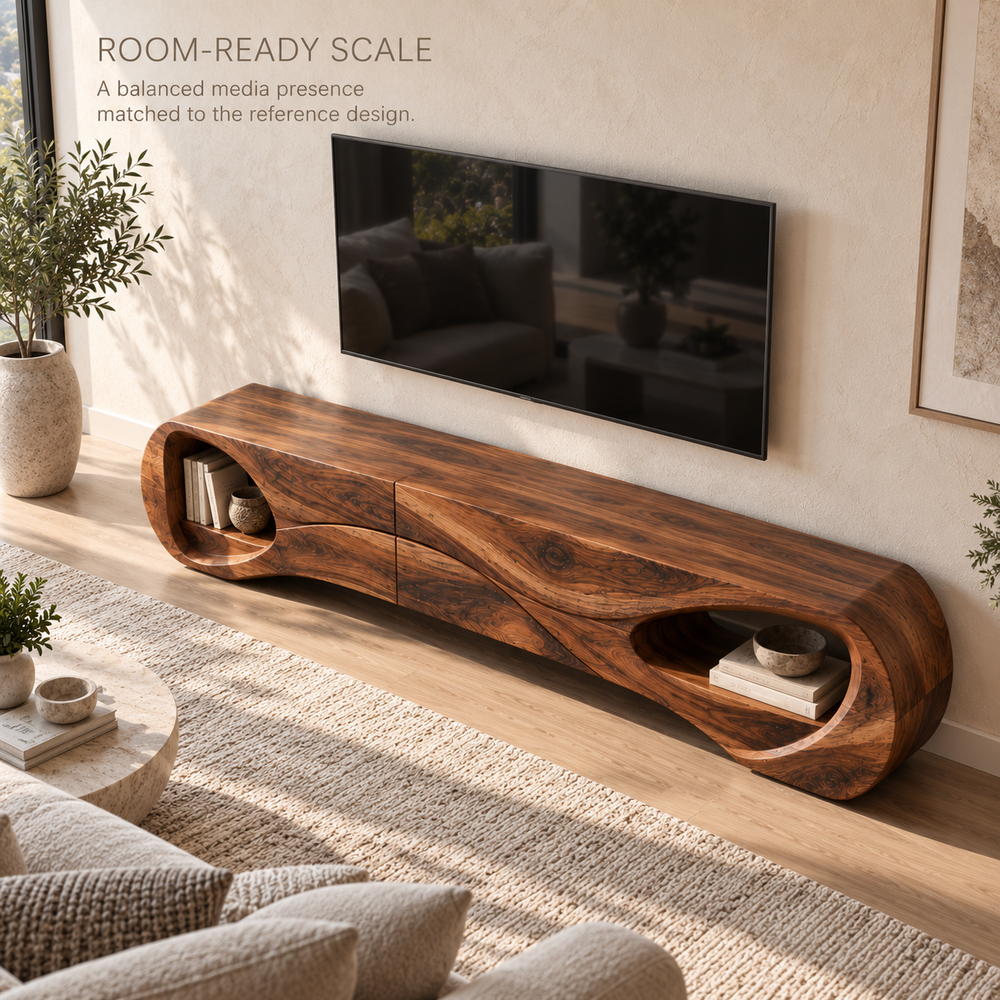 Marlowe Sculptural Solid Wood TV Stand - Design 121 - product detail and styling view 3
