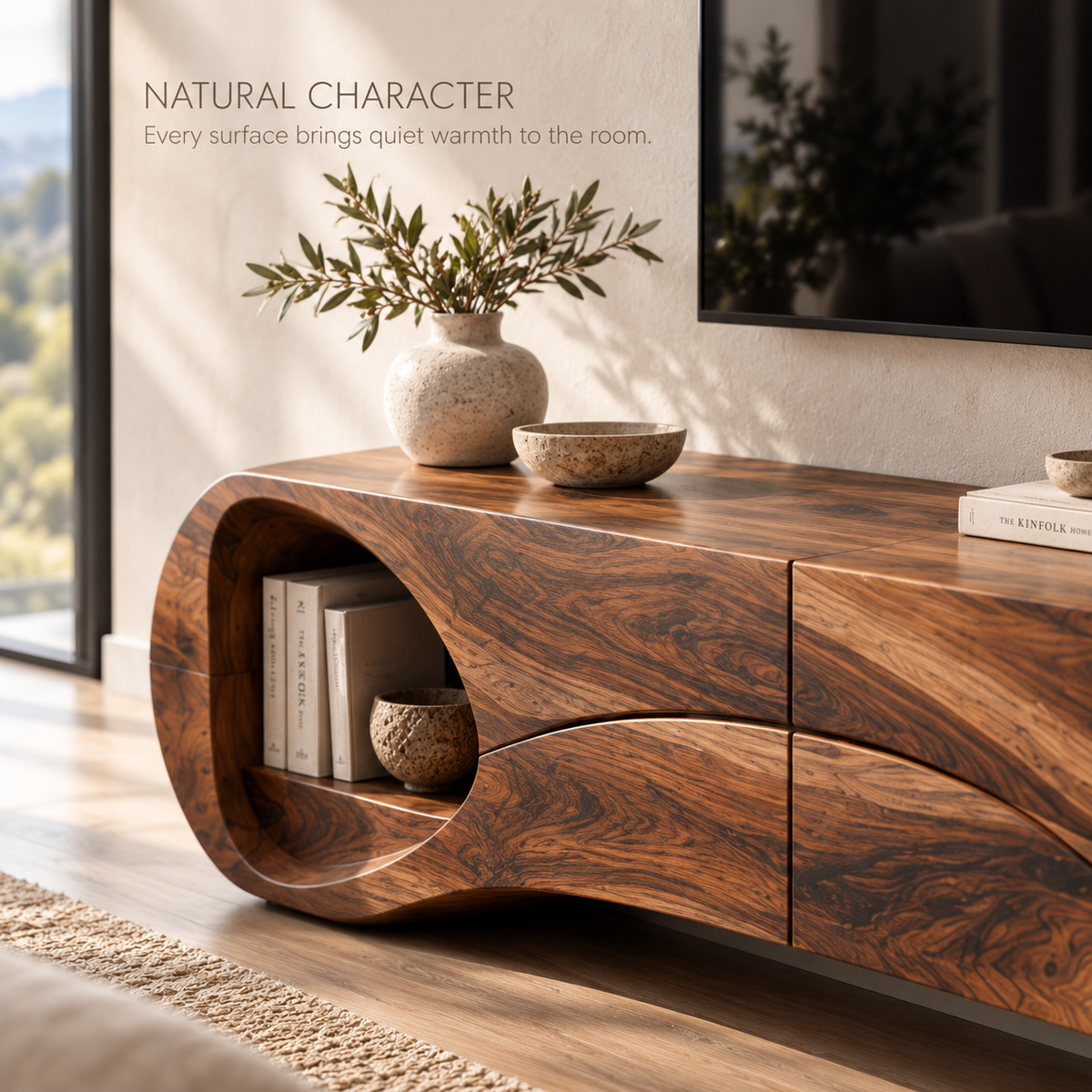 Marlowe Sculptural Solid Wood TV Stand - Design 121 - product detail and styling view 4