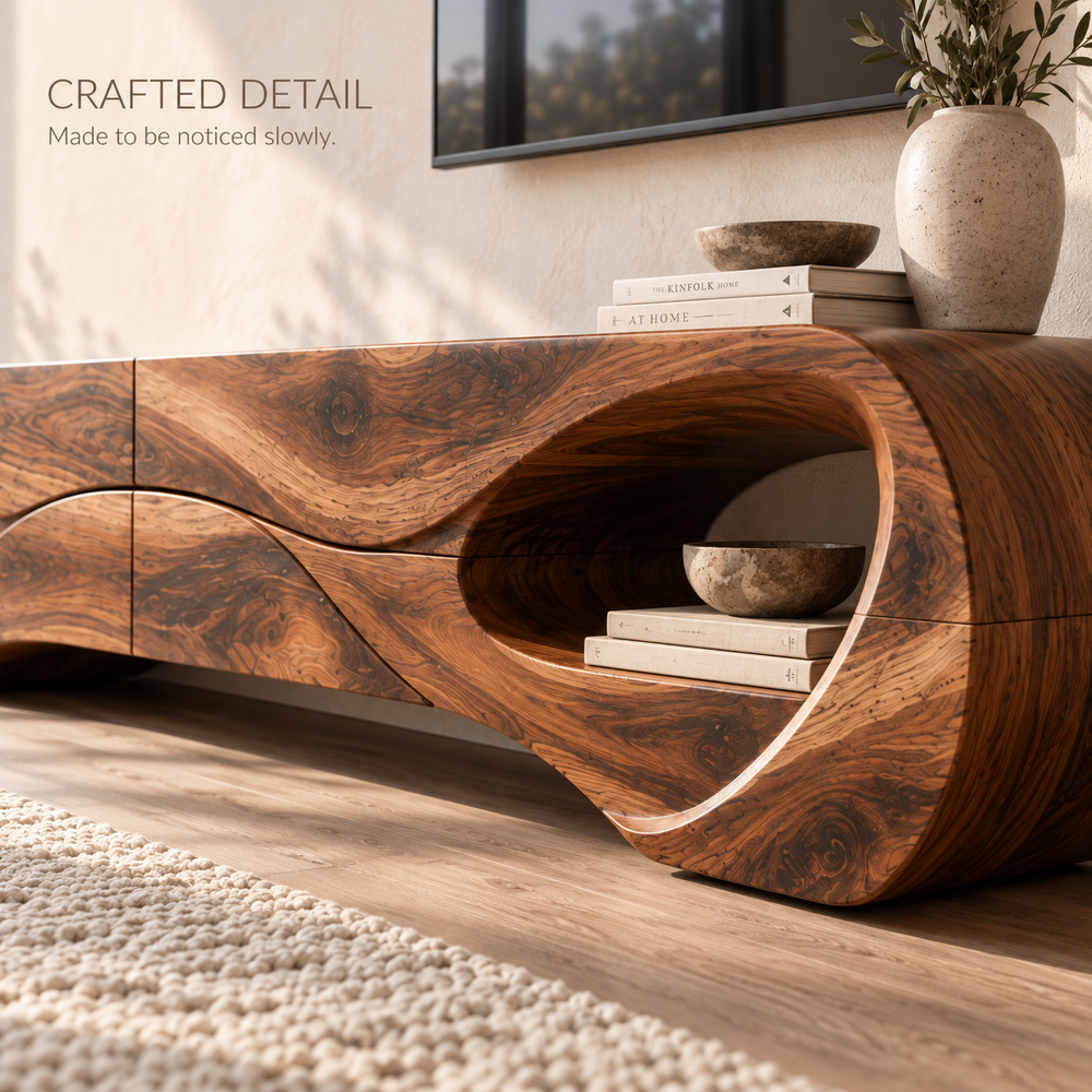Marlowe Sculptural Solid Wood TV Stand - Design 121 - product detail and styling view 5