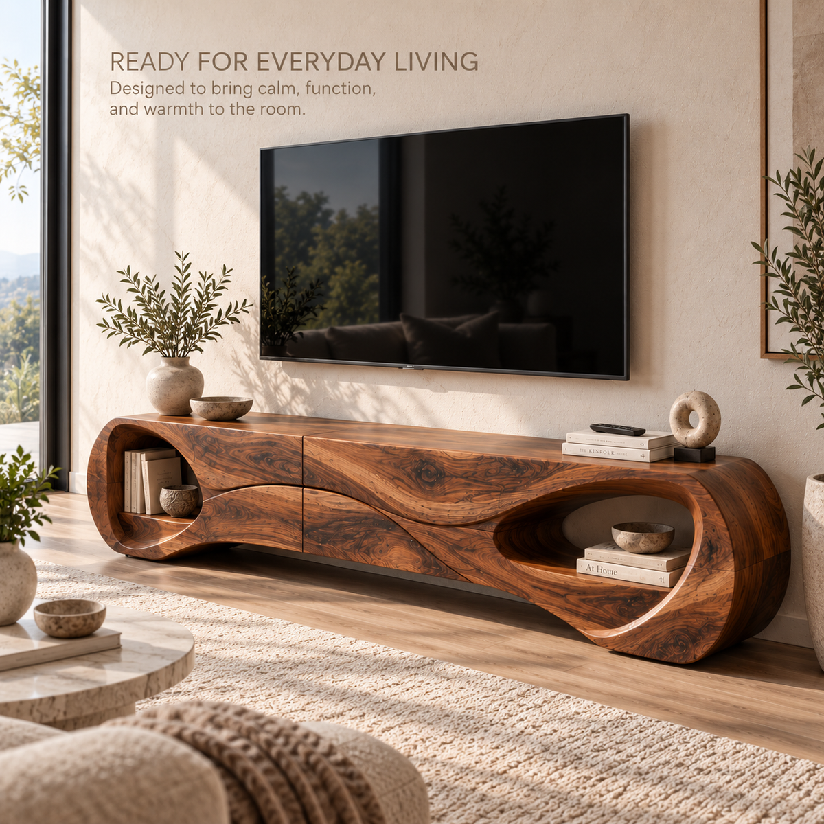 Marlowe Sculptural Solid Wood TV Stand - Design 121 - product detail and styling view 6