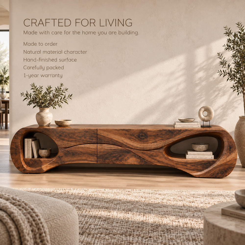 Marlowe Sculptural Solid Wood TV Stand - Design 121 - product detail and styling view 8