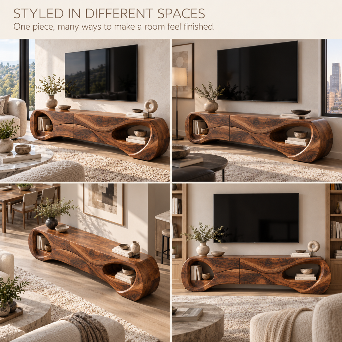 Marlowe Sculptural Solid Wood TV Stand - Design 121 - product detail and styling view 9