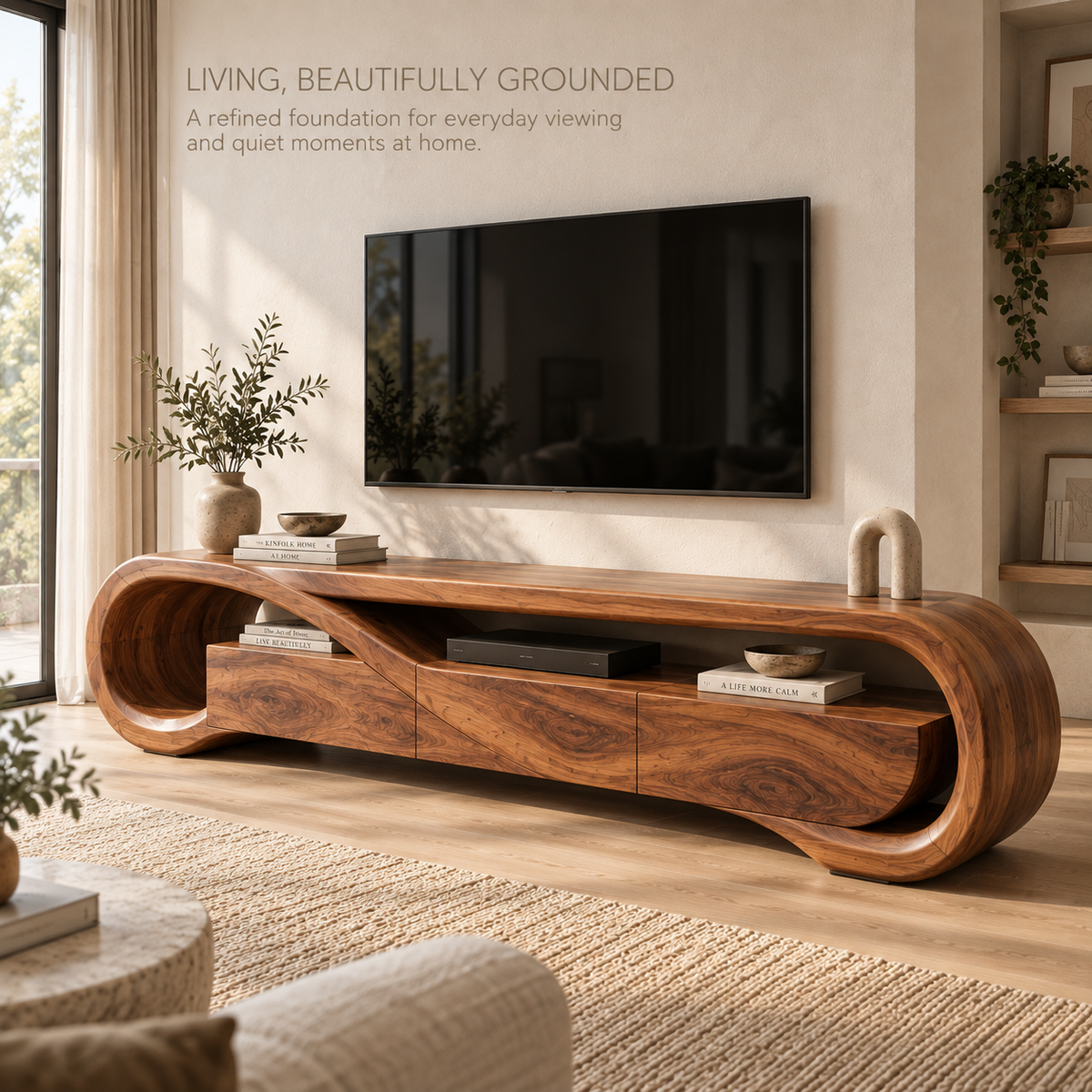 Esme Sculptural Solid Wood TV Stand - Design 122 - main lifestyle view