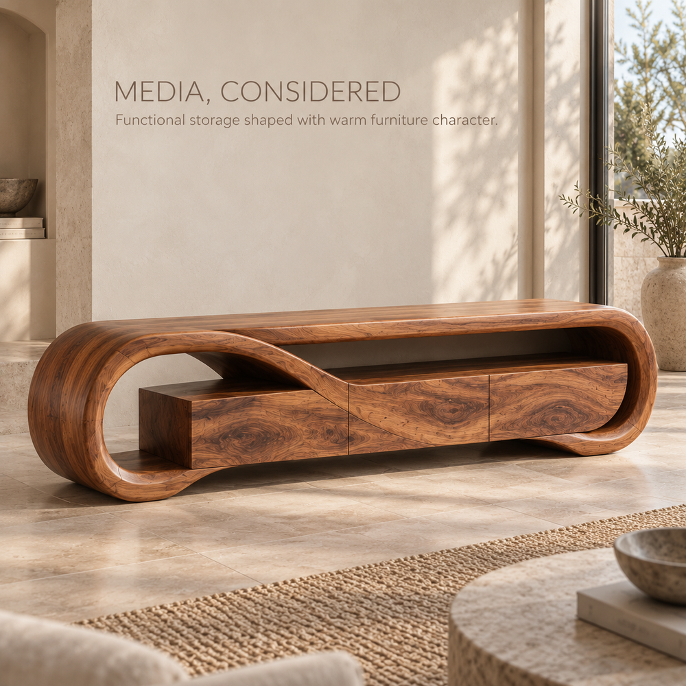 Esme Sculptural Solid Wood TV Stand - Design 122 - product detail and styling view 2