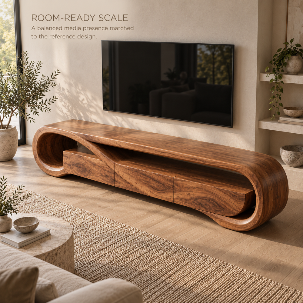 Esme Sculptural Solid Wood TV Stand - Design 122 - product detail and styling view 3