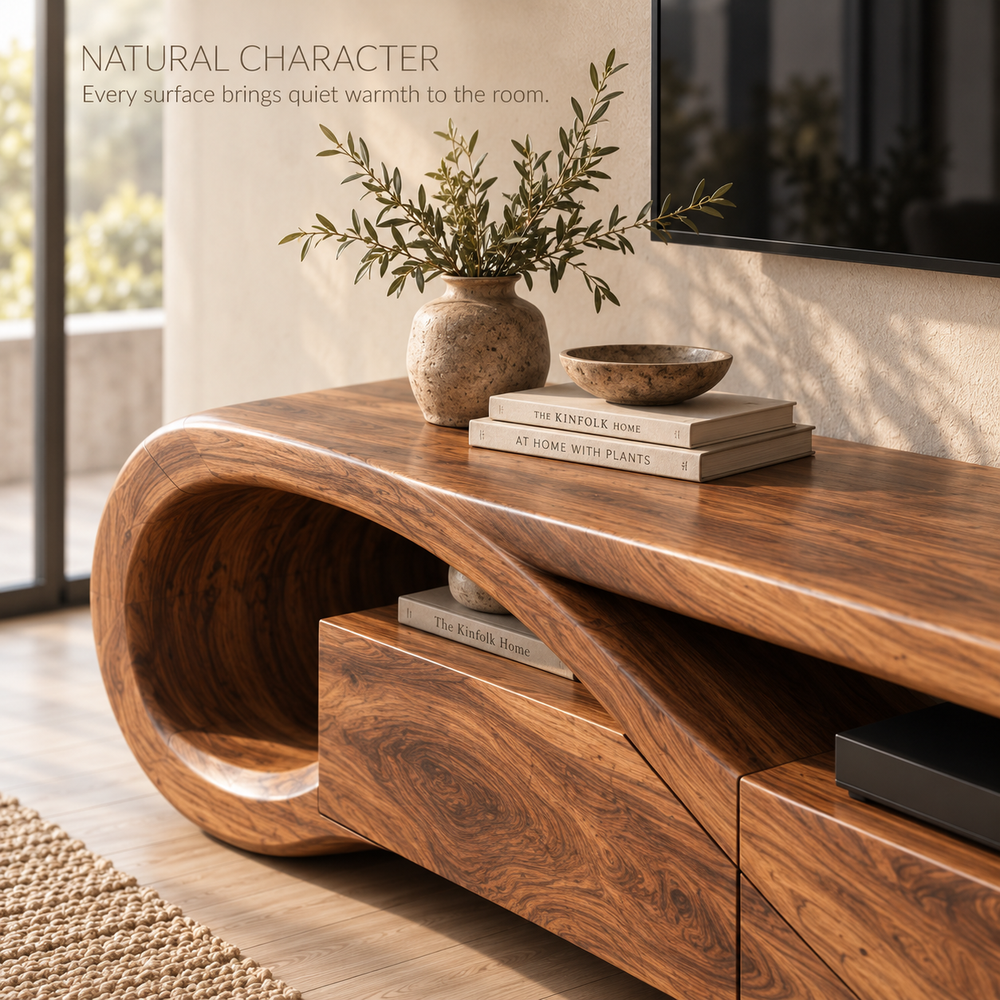 Esme Sculptural Solid Wood TV Stand - Design 122 - product detail and styling view 4