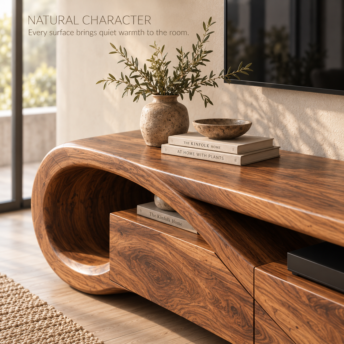 Esme Sculptural Solid Wood TV Stand - Design 122 - product detail and styling view 4