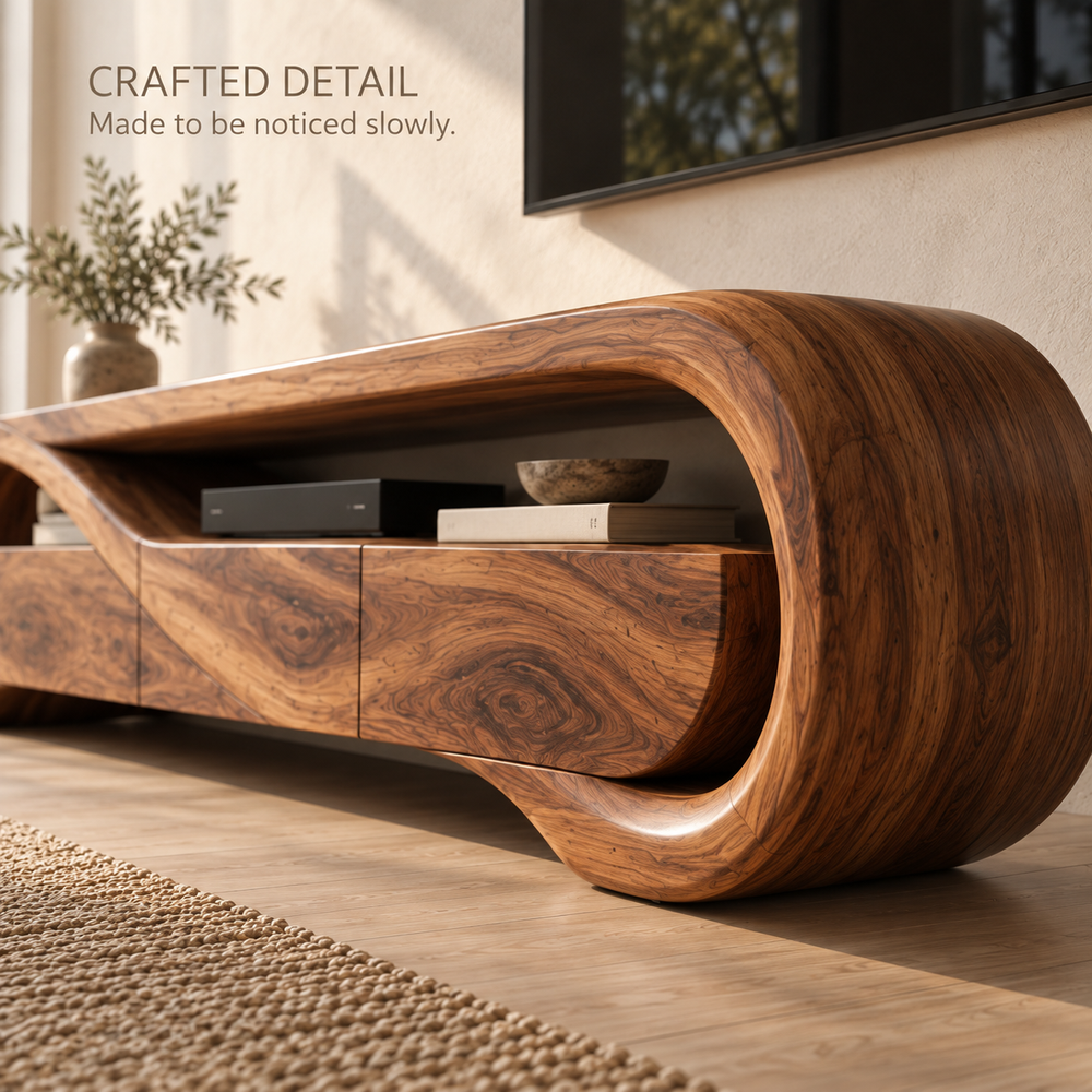 Esme Sculptural Solid Wood TV Stand - Design 122 - product detail and styling view 5
