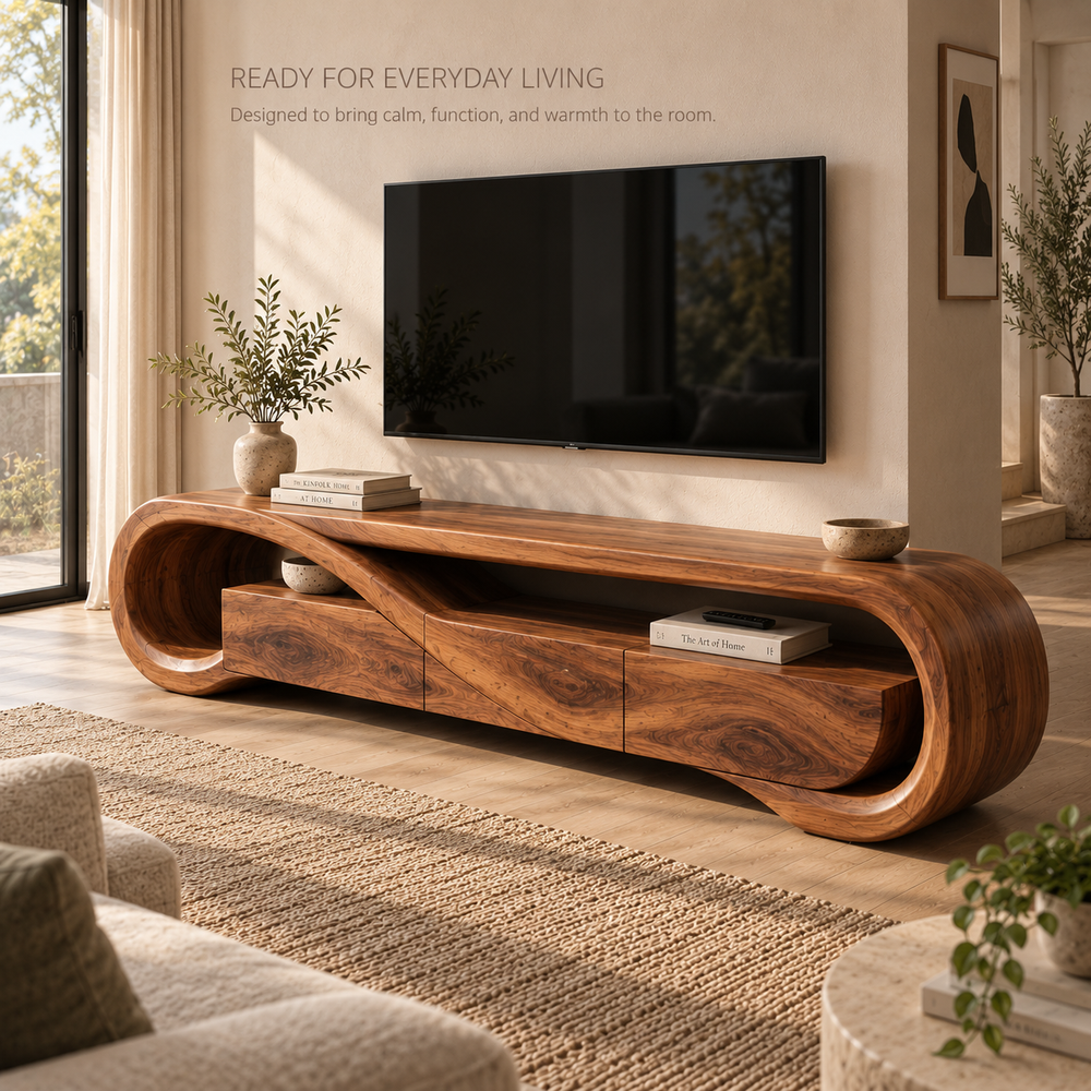 Esme Sculptural Solid Wood TV Stand - Design 122 - product detail and styling view 6