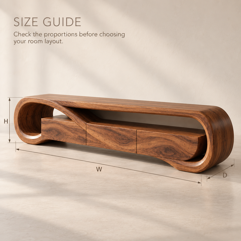 Esme Sculptural Solid Wood TV Stand - Design 122 - product detail and styling view 7