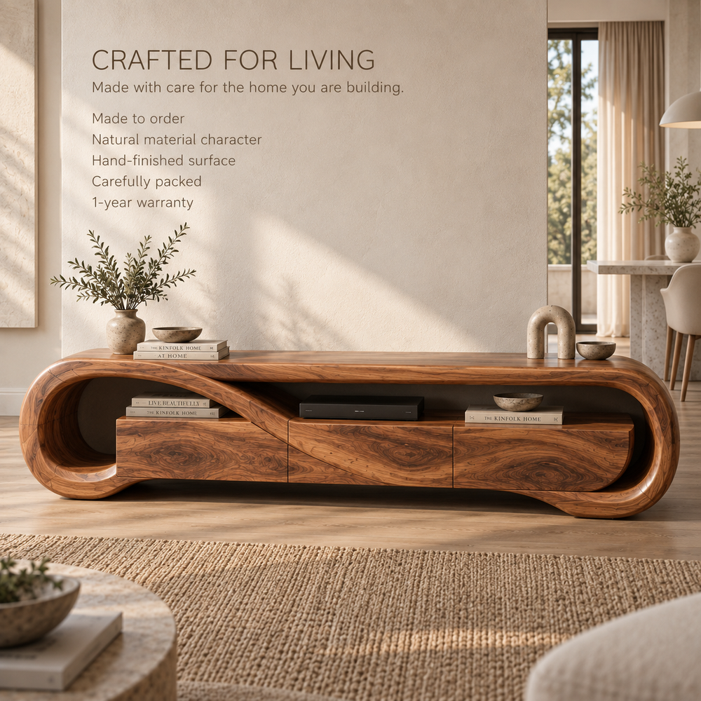 Esme Sculptural Solid Wood TV Stand - Design 122 - product detail and styling view 8