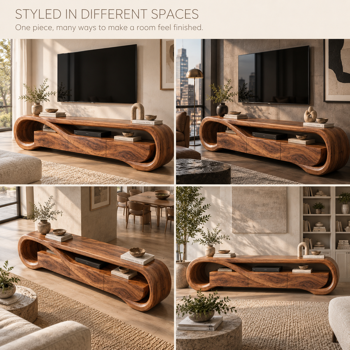 Esme Sculptural Solid Wood TV Stand - Design 122 - product detail and styling view 9