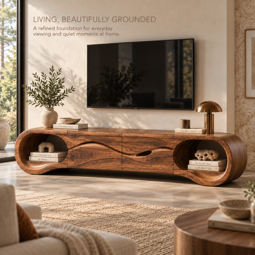 Tova Sculptural Solid Wood TV Stand - Design 123 - main lifestyle view