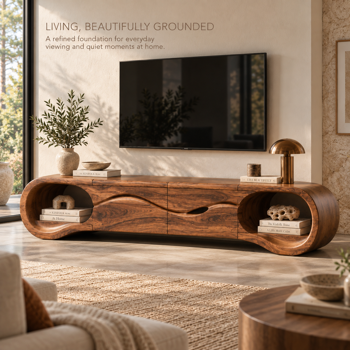Tova Sculptural Solid Wood TV Stand - Design 123 - main lifestyle view