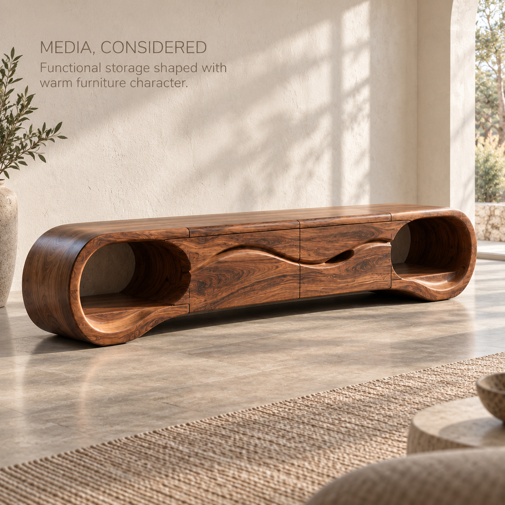Tova Sculptural Solid Wood TV Stand - Design 123 - product detail and styling view 2
