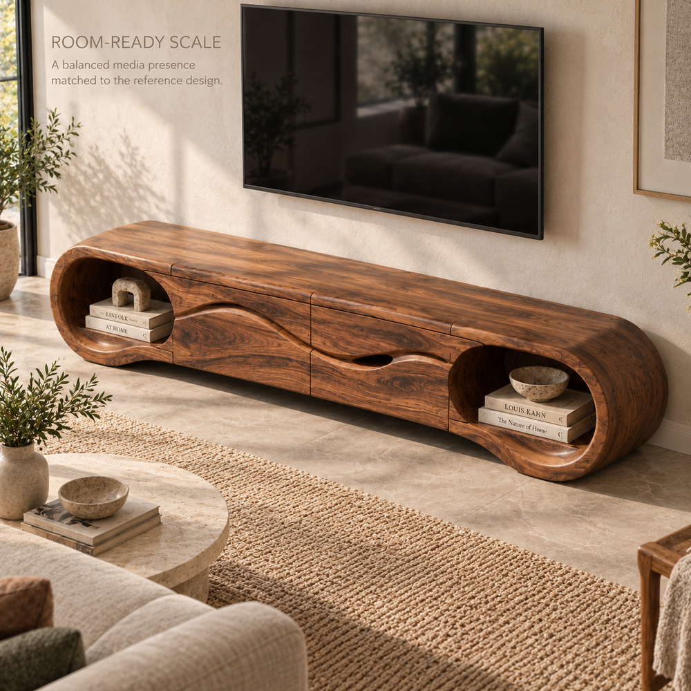 Tova Sculptural Solid Wood TV Stand - Design 123 - product detail and styling view 3