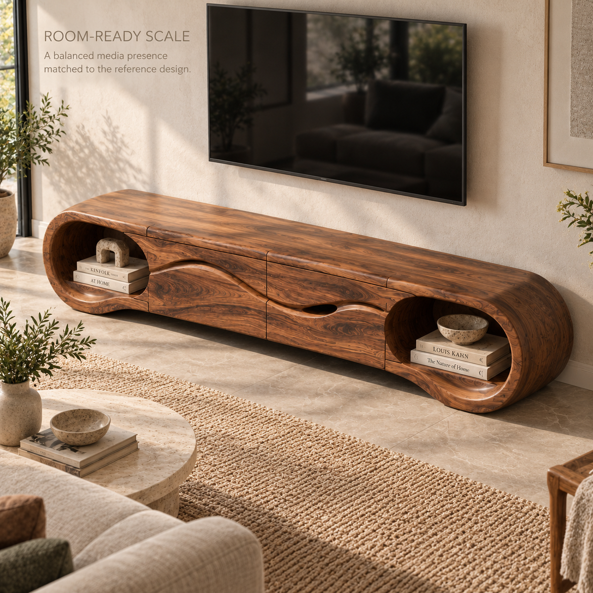 Tova Sculptural Solid Wood TV Stand - Design 123 - product detail and styling view 3