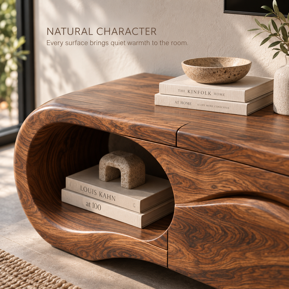 Tova Sculptural Solid Wood TV Stand - Design 123 - product detail and styling view 4