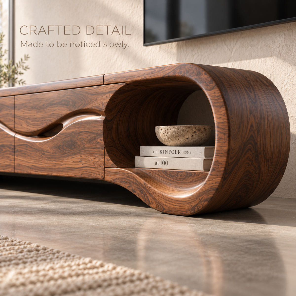 Tova Sculptural Solid Wood TV Stand - Design 123 - product detail and styling view 5