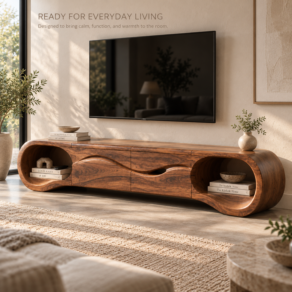Tova Sculptural Solid Wood TV Stand - Design 123 - product detail and styling view 6