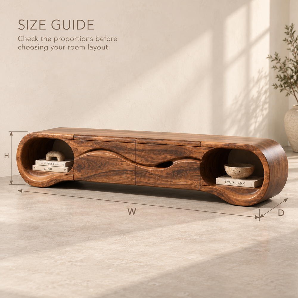 Tova Sculptural Solid Wood TV Stand - Design 123 - product detail and styling view 7