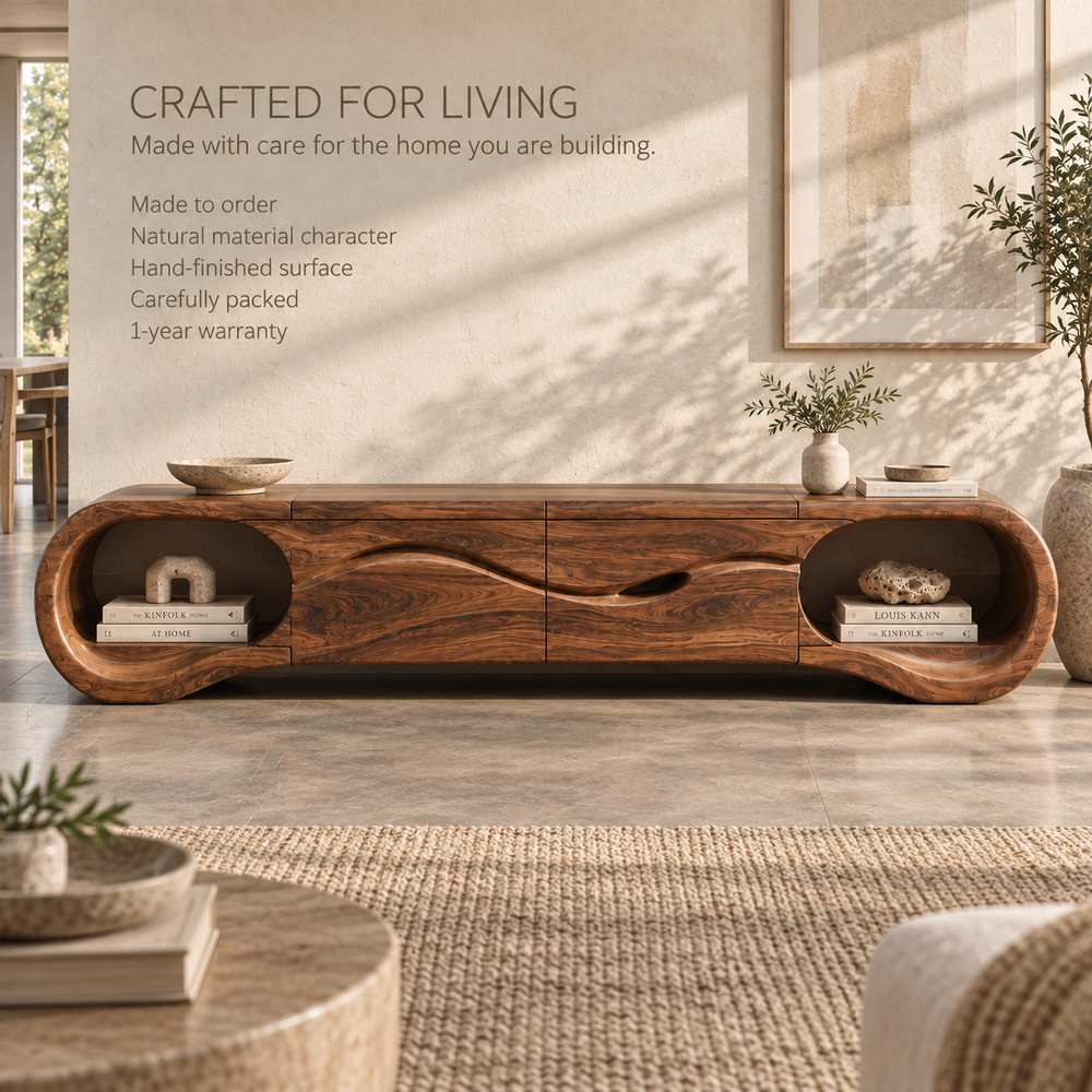 Tova Sculptural Solid Wood TV Stand - Design 123 - product detail and styling view 8