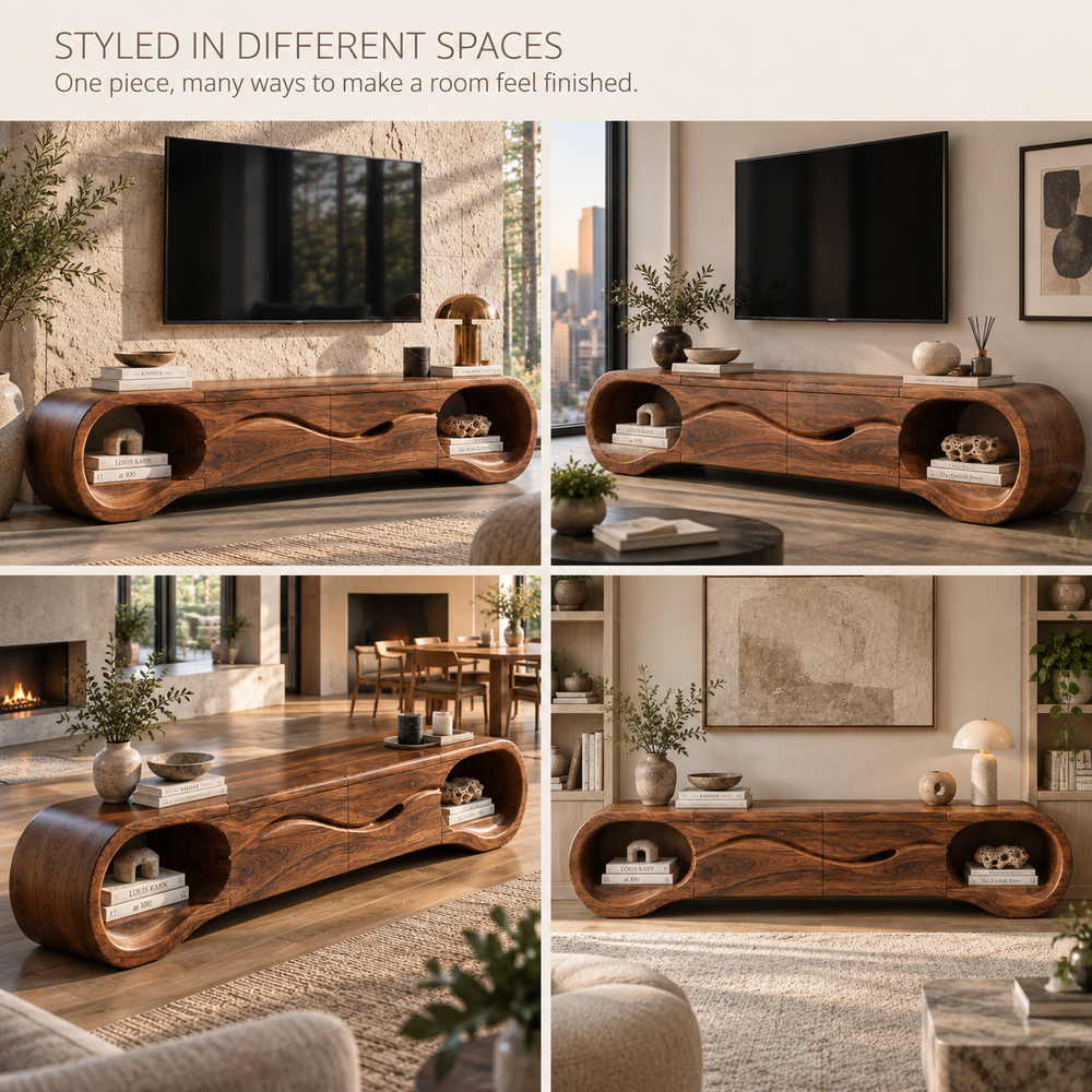 Tova Sculptural Solid Wood TV Stand - Design 123 - product detail and styling view 9