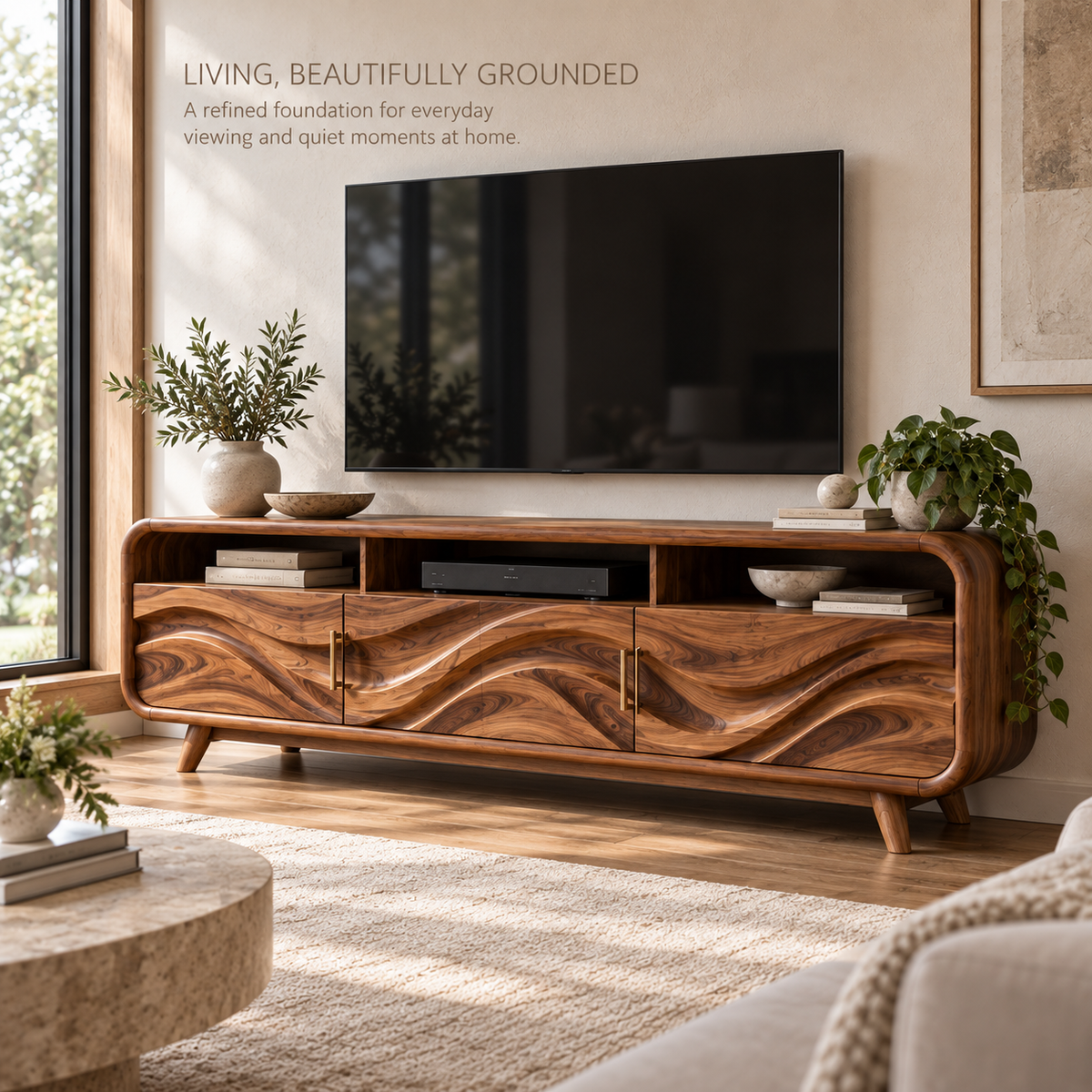 Ilyan Sculptural Solid Wood TV Stand - Design 124 - main lifestyle view