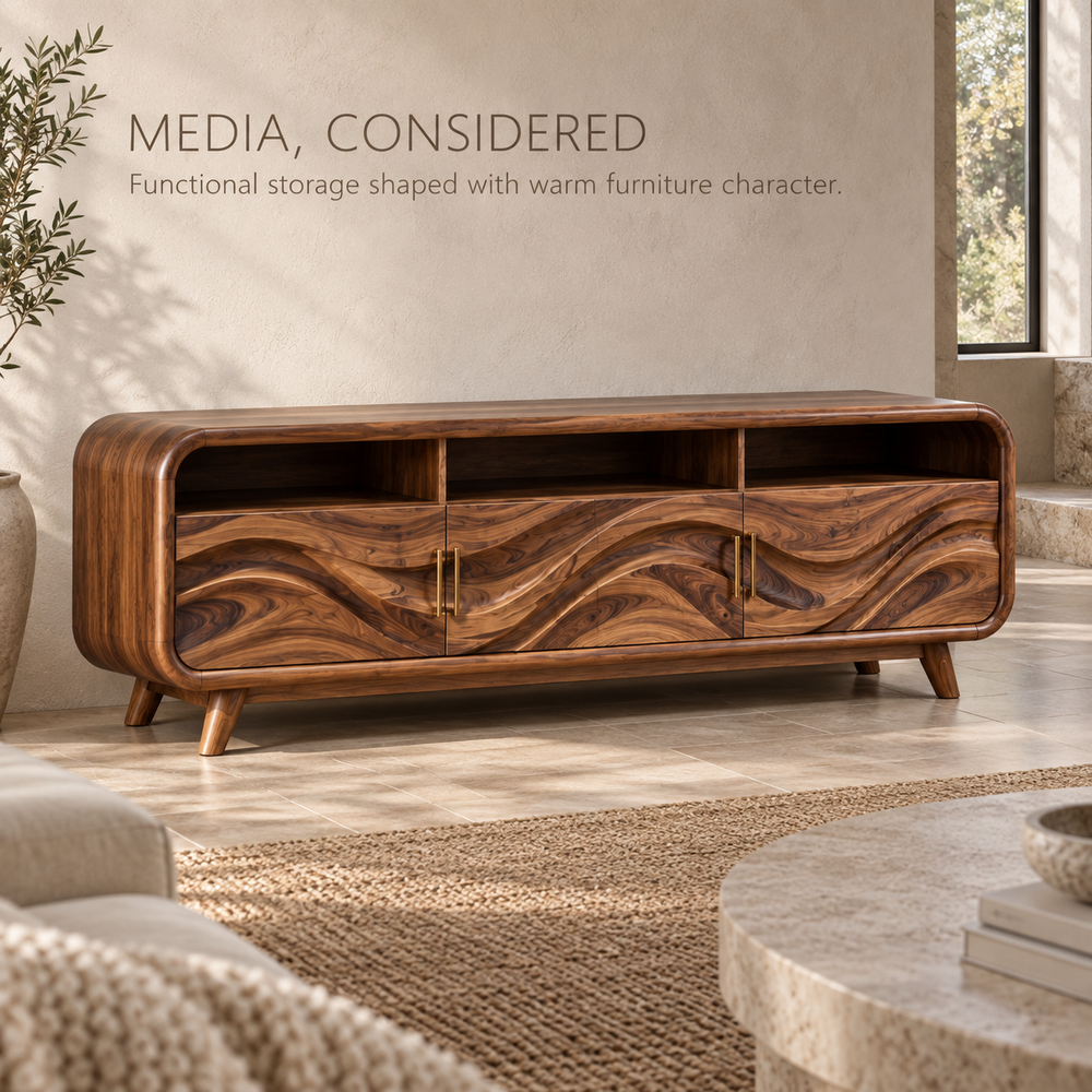 Ilyan Sculptural Solid Wood TV Stand - Design 124 - product detail and styling view 2