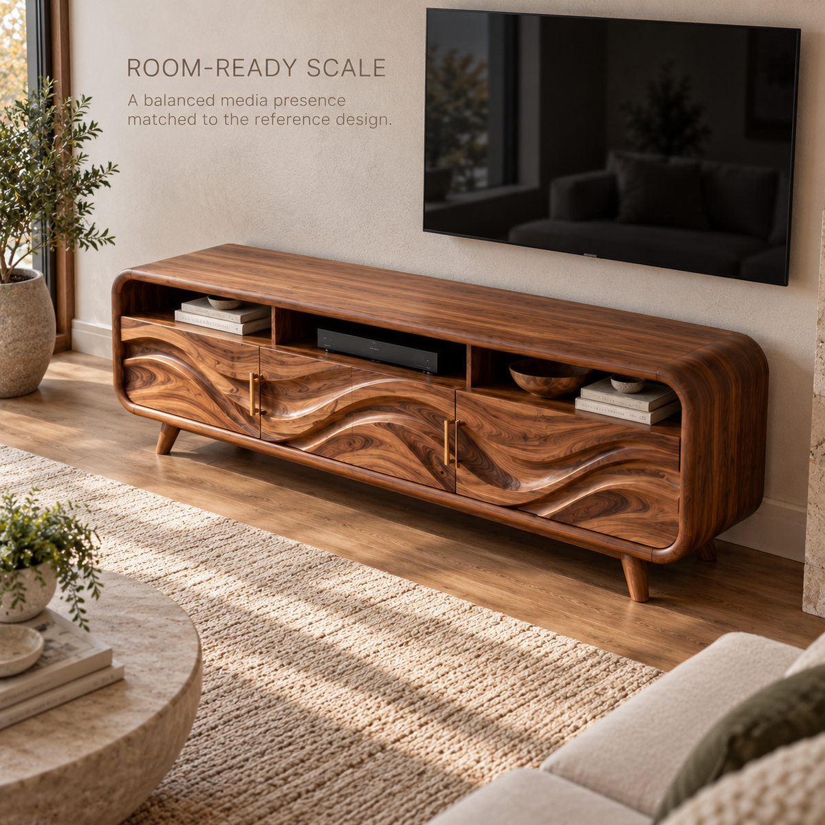 Ilyan Sculptural Solid Wood TV Stand - Design 124 - product detail and styling view 3