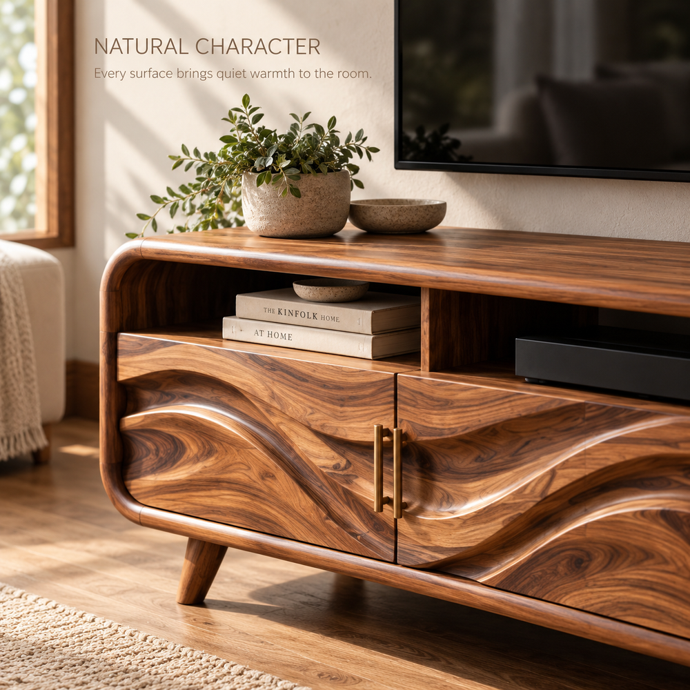 Ilyan Sculptural Solid Wood TV Stand - Design 124 - product detail and styling view 4