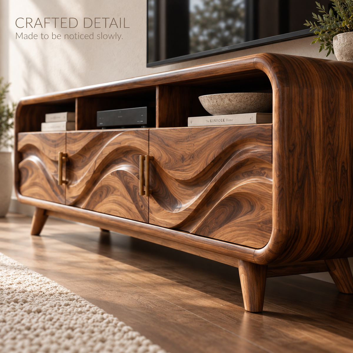 Ilyan Sculptural Solid Wood TV Stand - Design 124 - product detail and styling view 5