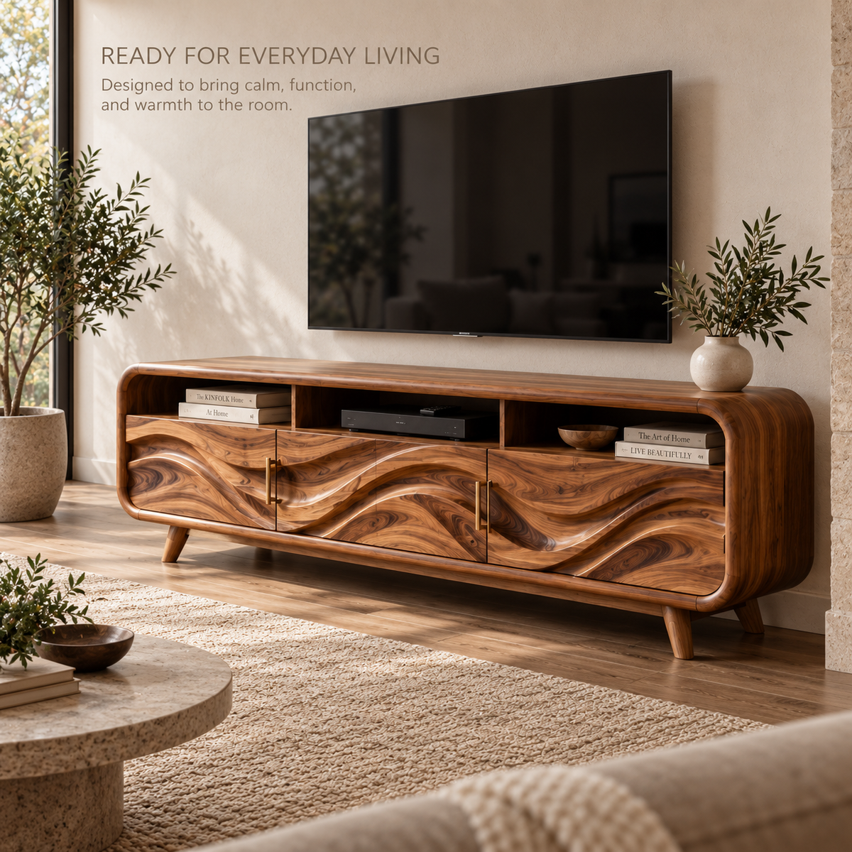 Ilyan Sculptural Solid Wood TV Stand - Design 124 - product detail and styling view 6