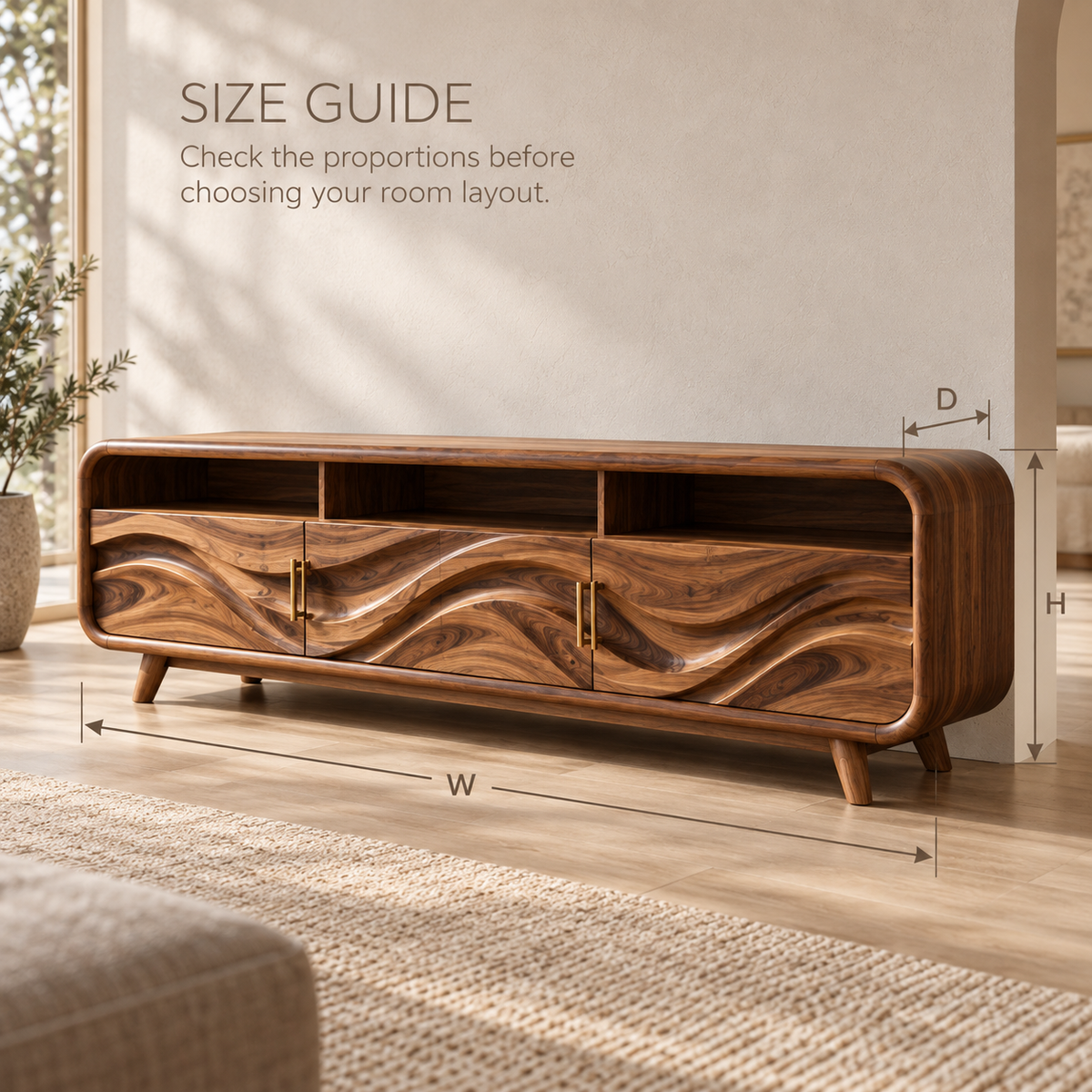 Ilyan Sculptural Solid Wood TV Stand - Design 124 - product detail and styling view 7