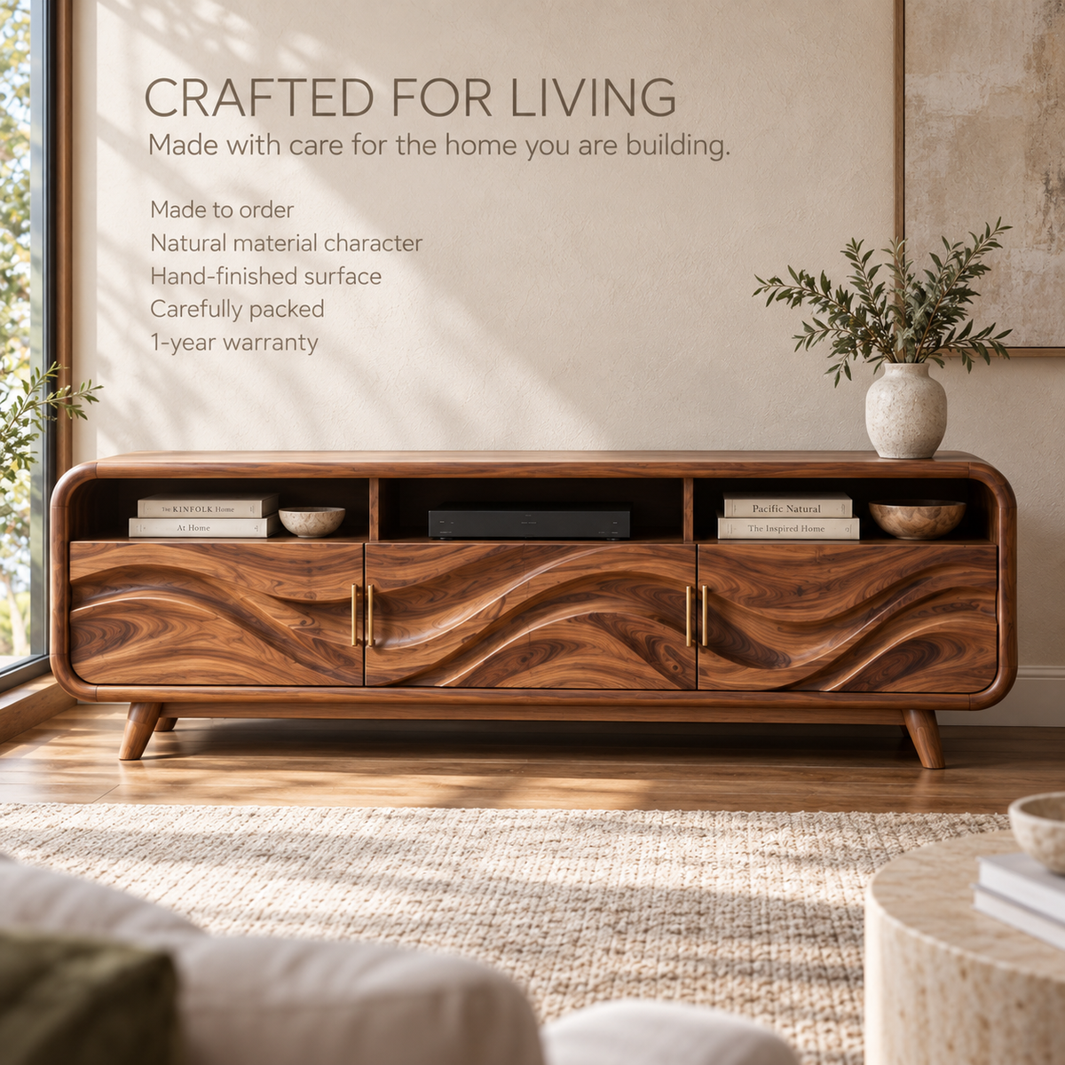 Ilyan Sculptural Solid Wood TV Stand - Design 124 - product detail and styling view 8