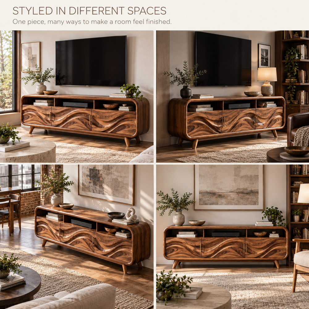 Ilyan Sculptural Solid Wood TV Stand - Design 124 - product detail and styling view 9