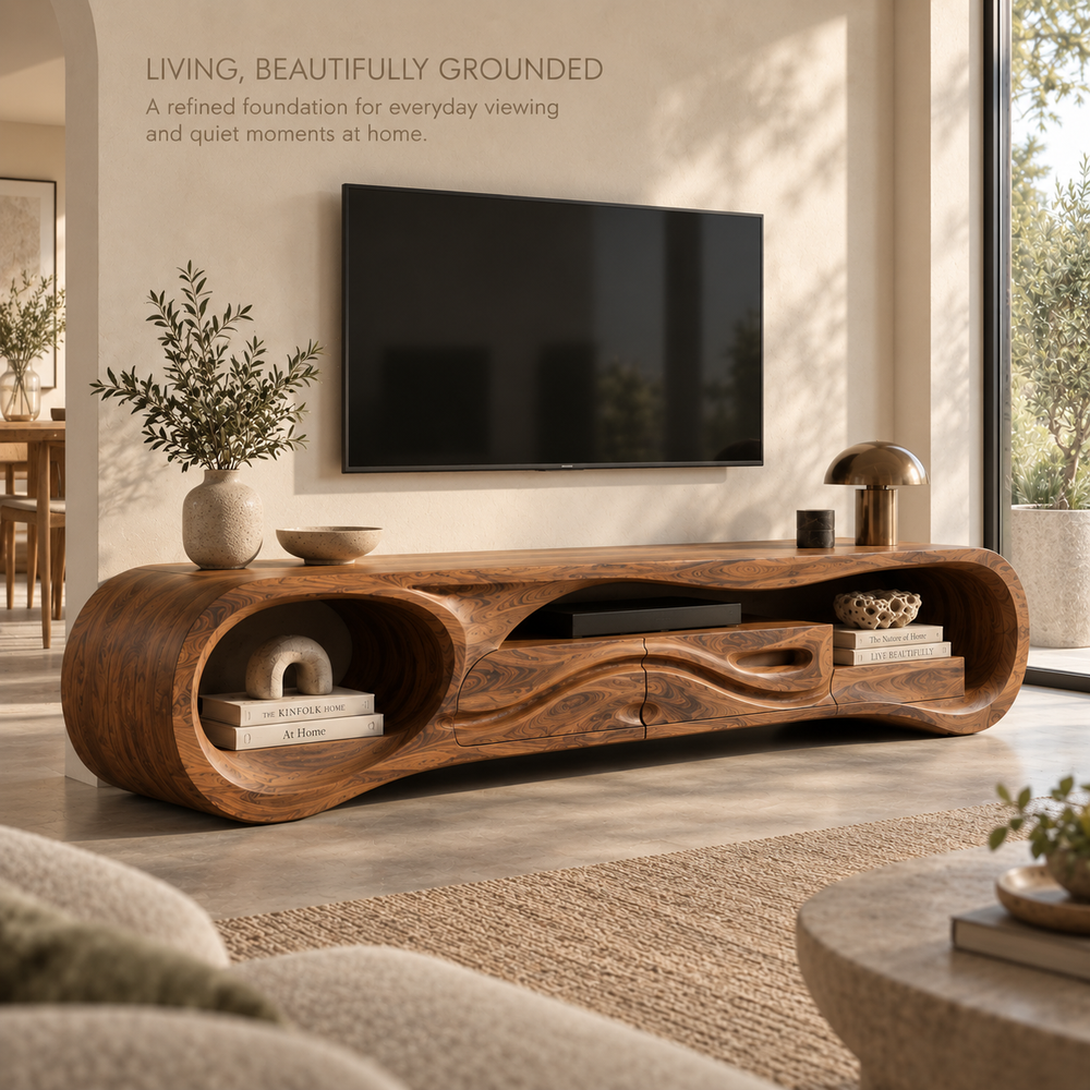 Sylvie Sculptural Solid Wood TV Stand - Design 125 - main lifestyle view