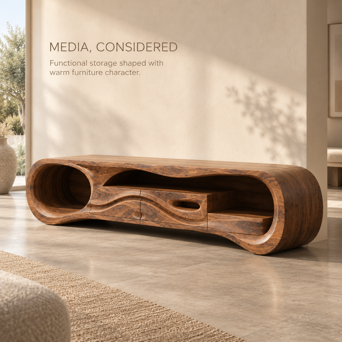 Sylvie Sculptural Solid Wood TV Stand - Design 125 - product detail and styling view 2