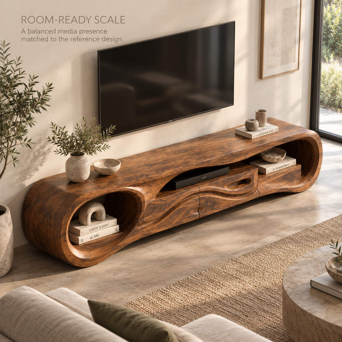 Sylvie Sculptural Solid Wood TV Stand - Design 125 - product detail and styling view 3