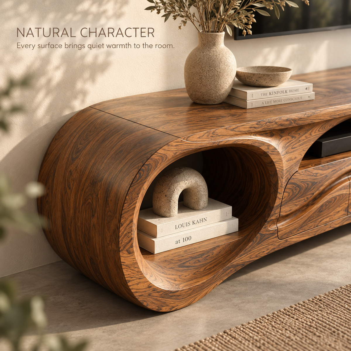 Sylvie Sculptural Solid Wood TV Stand - Design 125 - product detail and styling view 4